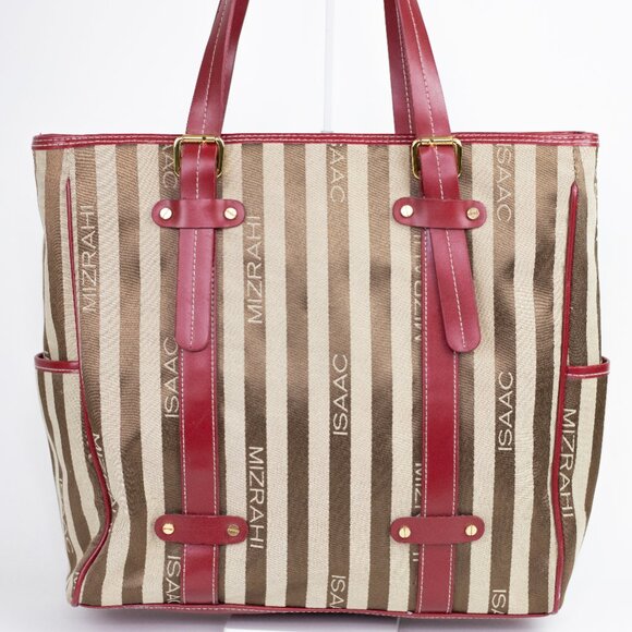 Isaac Mizrahi Striped Logo Tote Bag with Red Faux Leather Trim - Picture 3 of 15